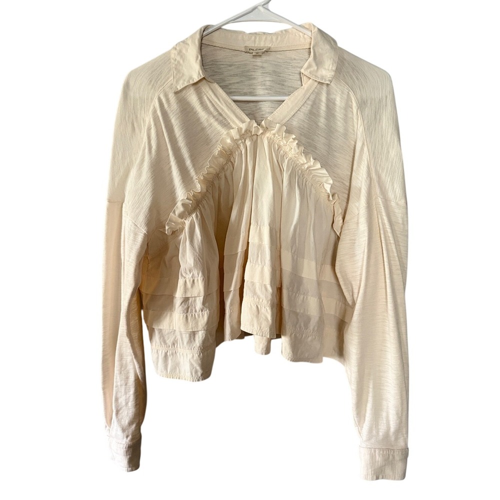 Anthropologie Pilcro Cream Long-Sleeve V-Neck Ruffled Babydoll Top XS - Picture 2 of 13